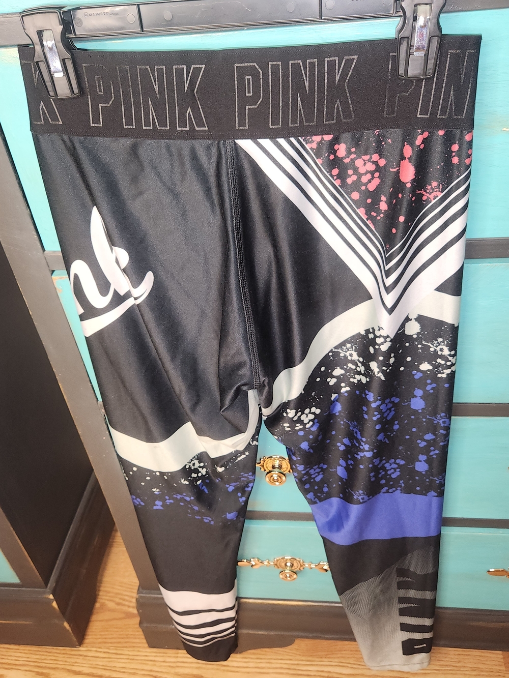 PINK Victoria's Secret Black Leggings with Blue, White & Pink Graphic Splash